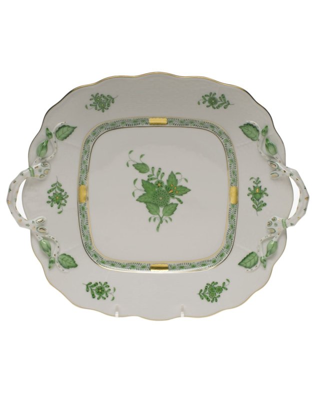 Chinese Bouquet Green Square Cake Plate with Handles