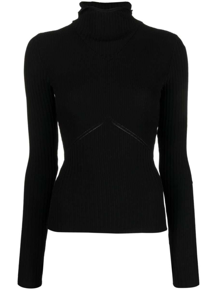 high-neck ribbed-knit hooded jumper