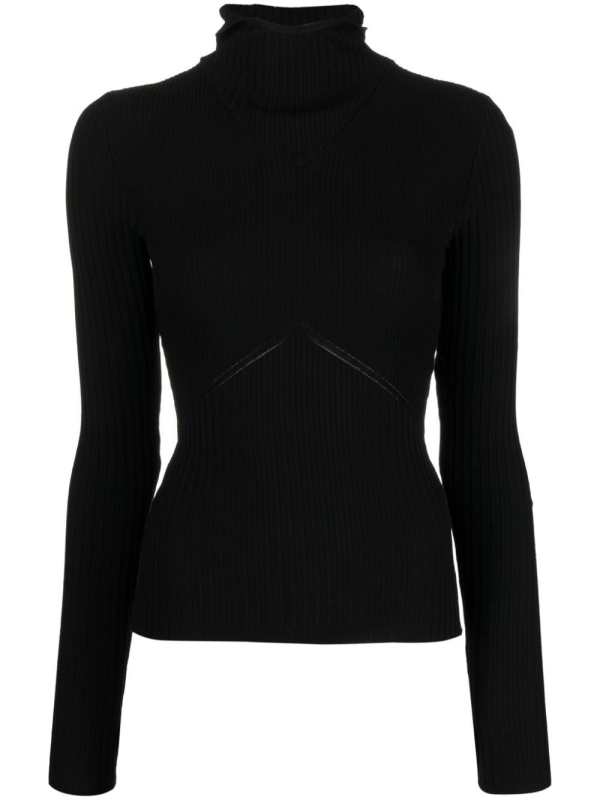 high-neck ribbed-knit hooded jumper