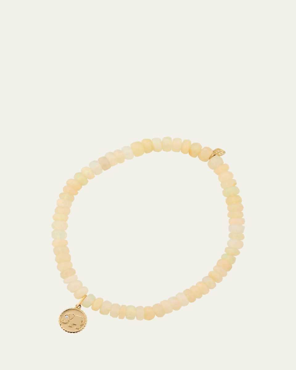 14K Yellow Gold Tiny Elephant Coin Charm on Opal Beaded Bracelet with One Diamond