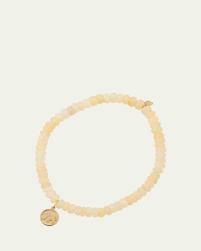 14K Yellow Gold Tiny Elephant Coin Charm on Opal Beaded Bracelet with One Diamond