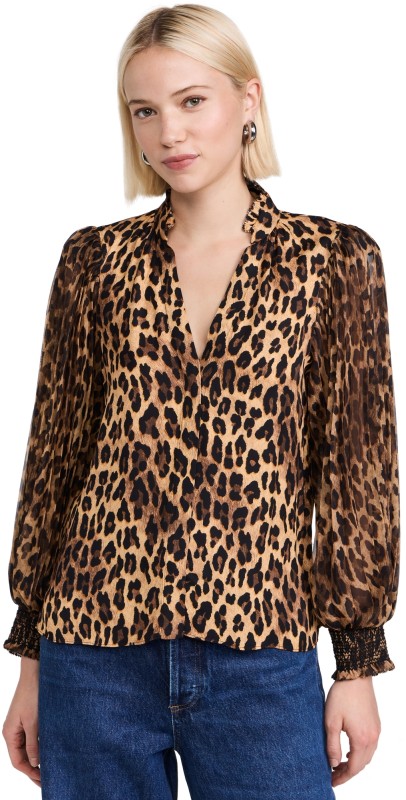 alice + olivia Ilan Pleated Blouson Sleeve Button Blouse Spotted Leopard Dark Tan