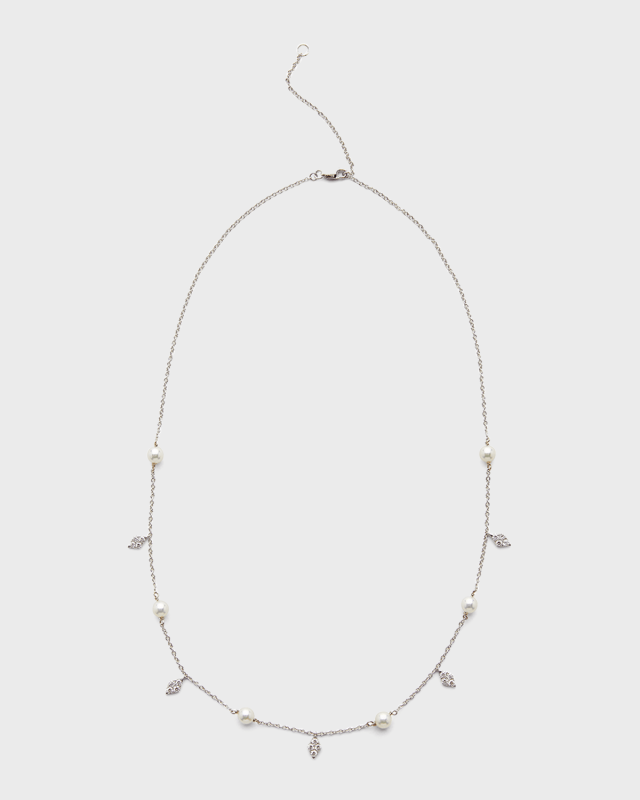 18K White Gold 8.5mm White Akoya Pearl and Diamond Necklace, 18"L