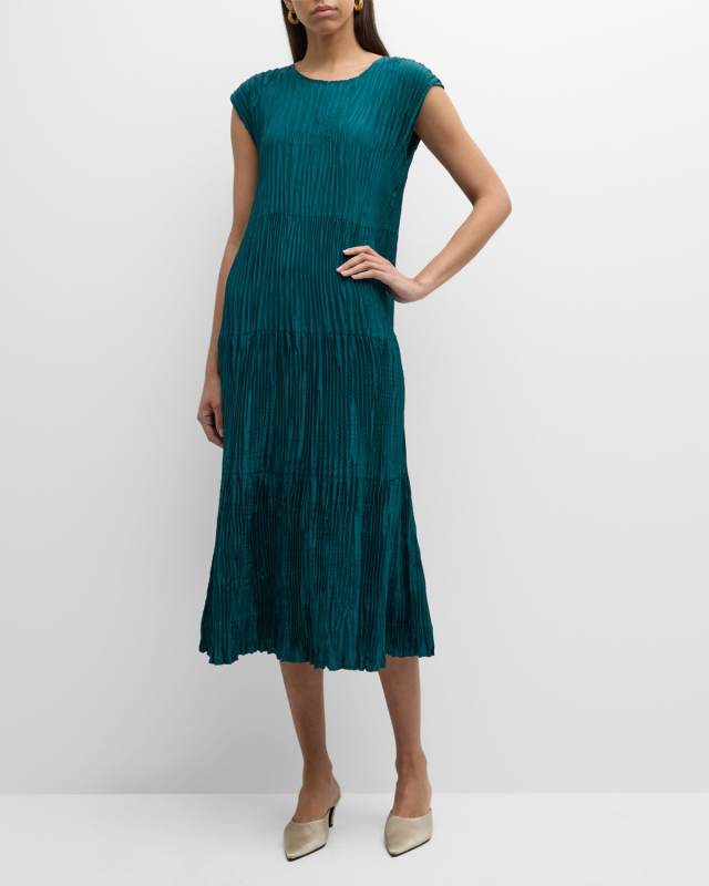 Petite Tiered A-Line Crinkled Silk Midi Dress