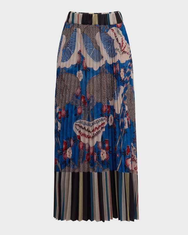 Pleated Floral-Print A-Line Maxi Skirt