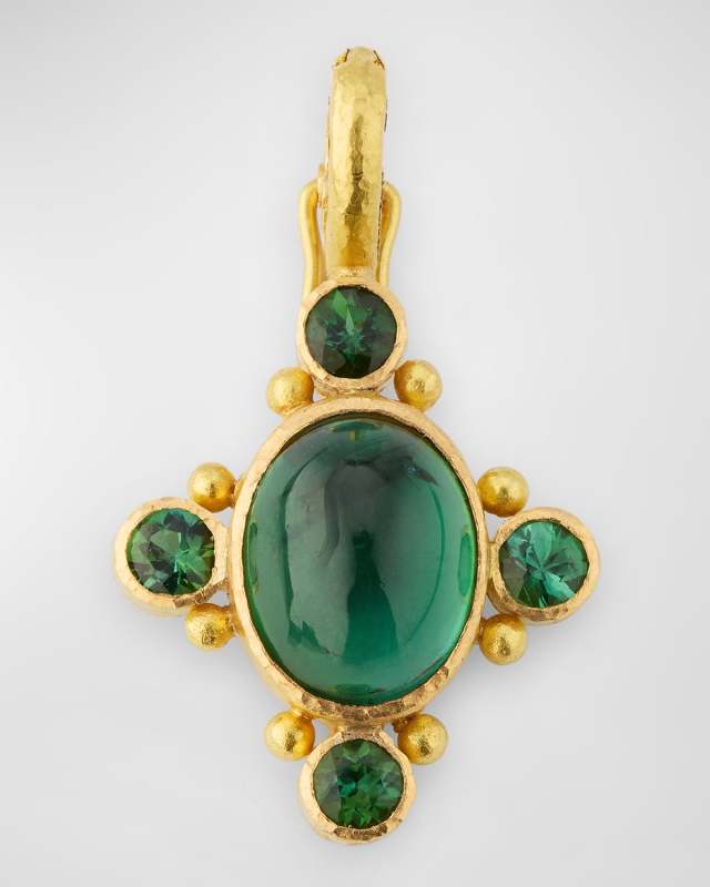 19K Yellow Gold Pendant with Green Tourmaline Cabochon and Faceted Stones