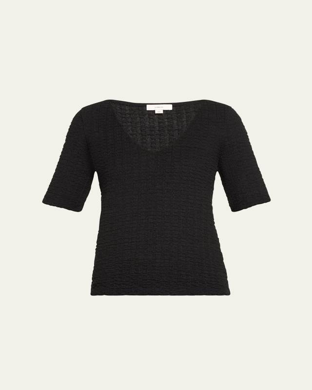 Smocked Elbow-Sleeve V-Neck Top