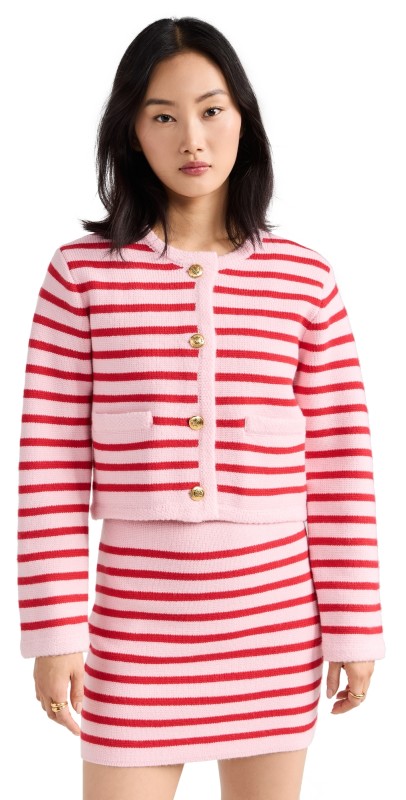 English Factory Knit Striped Sweater Cardigan Pink/Red
