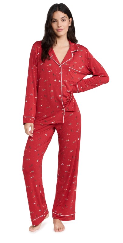 Eberjey Gisele Printed Long PJ Set Winter Wonderland Haute Red/Iv