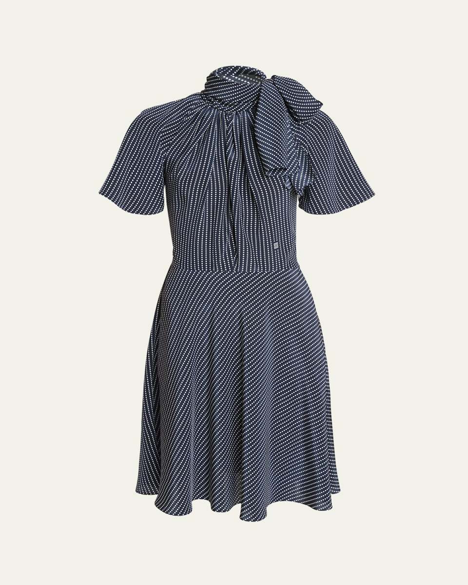 Polka-Dot Silk Mini Dress with Tie Neck