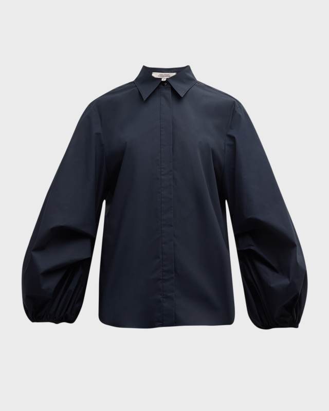 Poplin Power Blouson-Sleeve Cotton Blouse