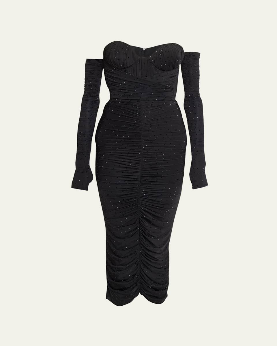 Crystal Strapless Ruched Midi Dress with Gloves