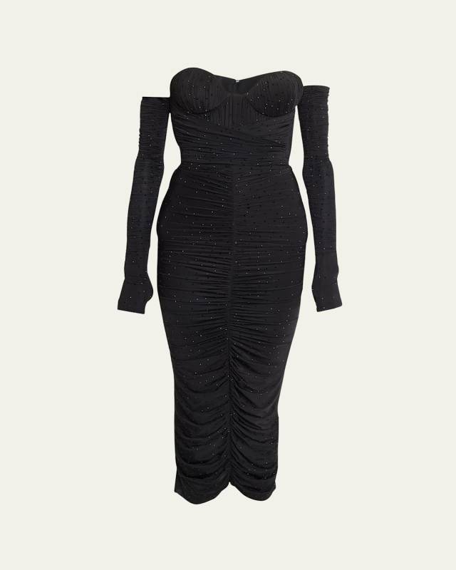 Crystal Strapless Ruched Midi Dress with Gloves
