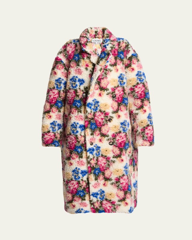 Floral Printed Shearling Coat with Leather Belt