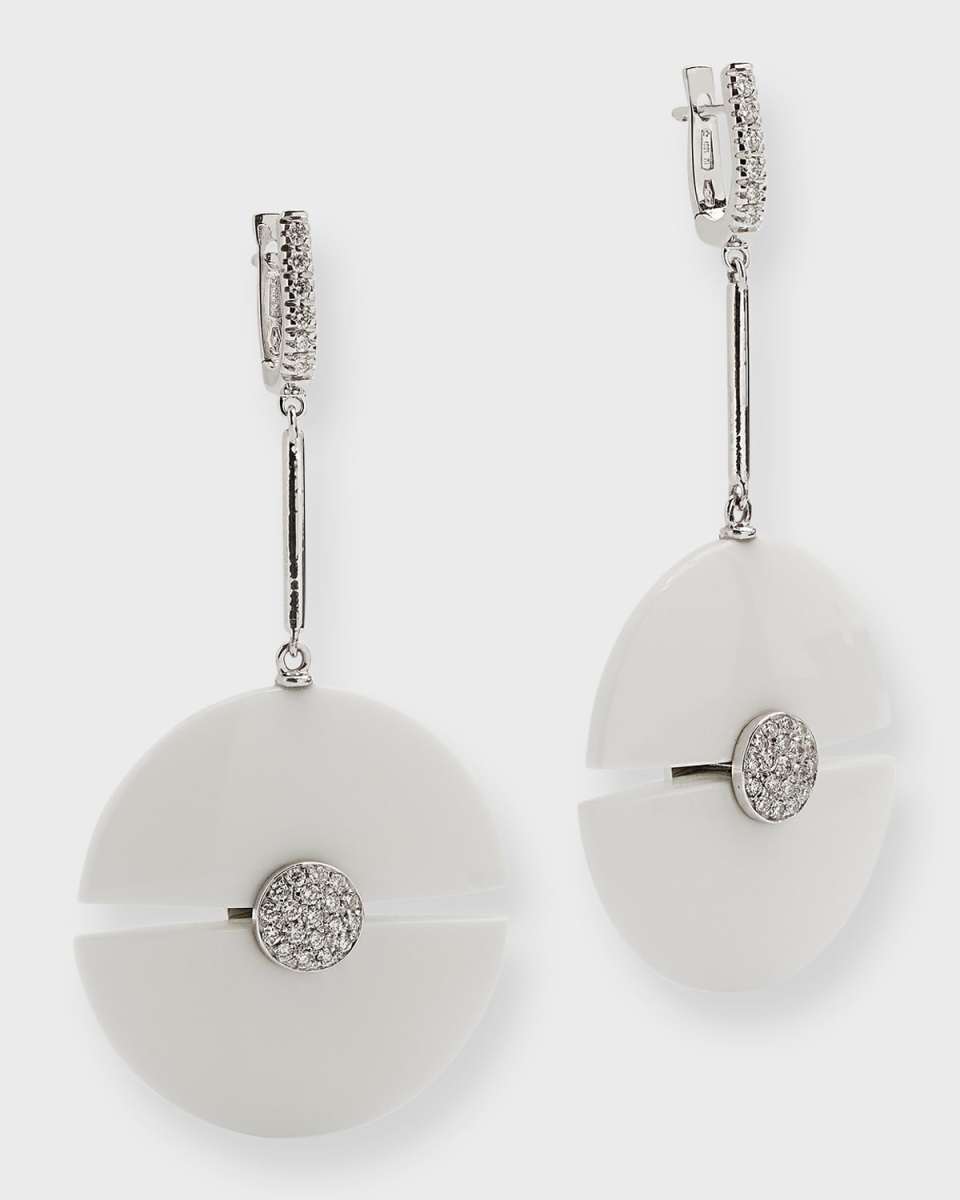 18K White Gold Universe Earrings with White Agate and Diamond Latch Hoops