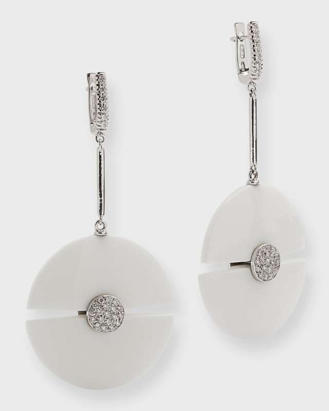 18K White Gold Universe Earrings with White Agate and Diamond Latch Hoops