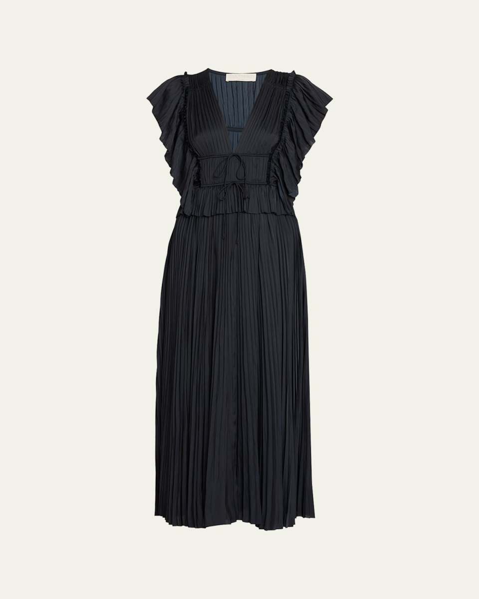 Letty Pleated Ruffle Satin Midi Dress