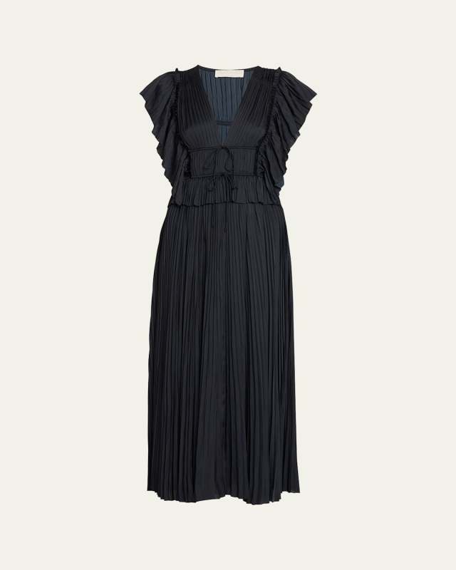 Letty Pleated Ruffle Satin Midi Dress