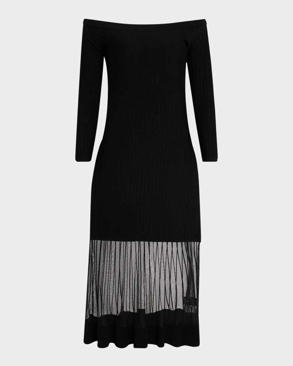Off-Shoulder Sheer Inset Knit Midi Dress