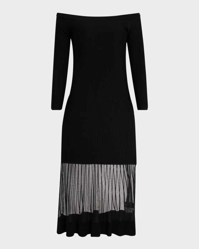 Off-Shoulder Sheer Inset Knit Midi Dress