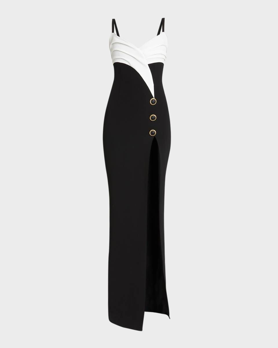 Two-Tone Crepe Draped Long V-Neck Split Dress