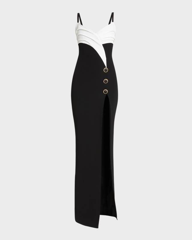 Two-Tone Crepe Draped Long V-Neck Split Dress