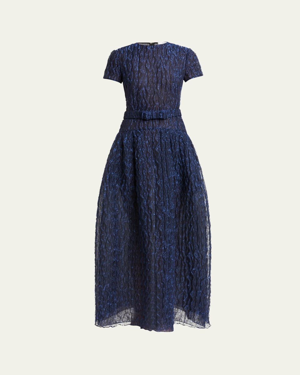Metallic Crinkle Bow Belted Gown