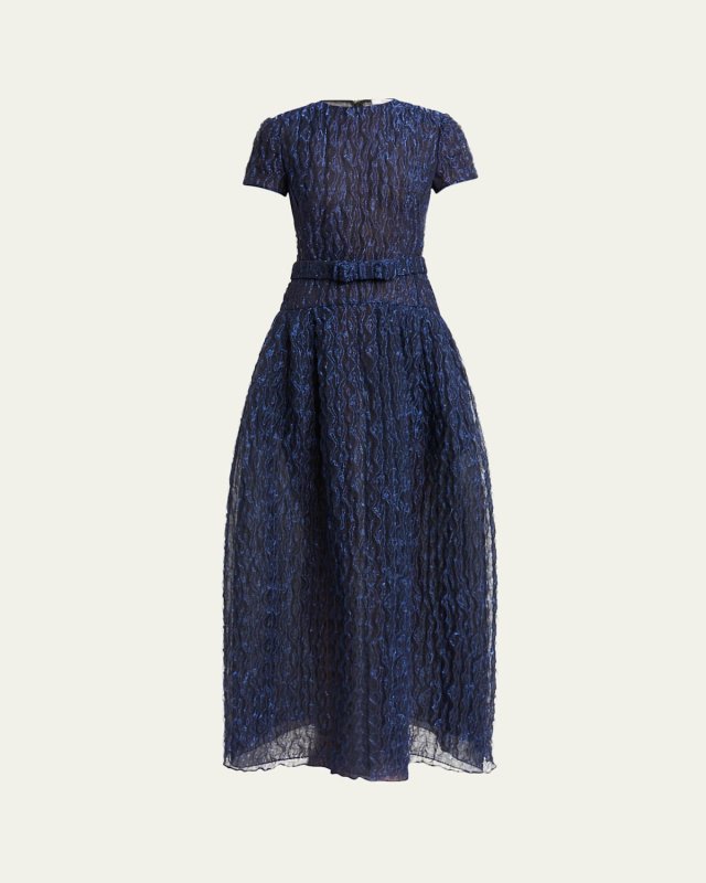 Metallic Crinkle Bow Belted Gown