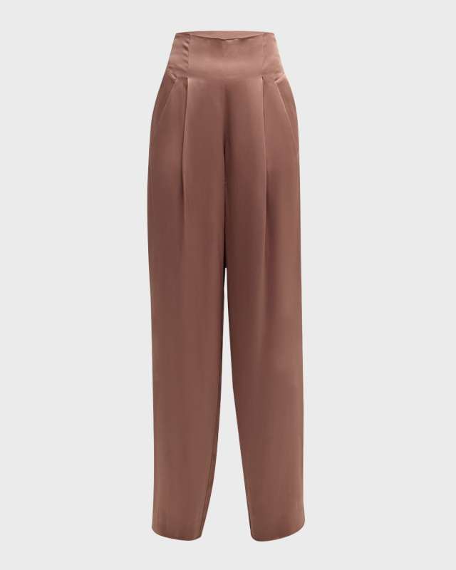 Satin Pleated Tapered-Leg Pants
