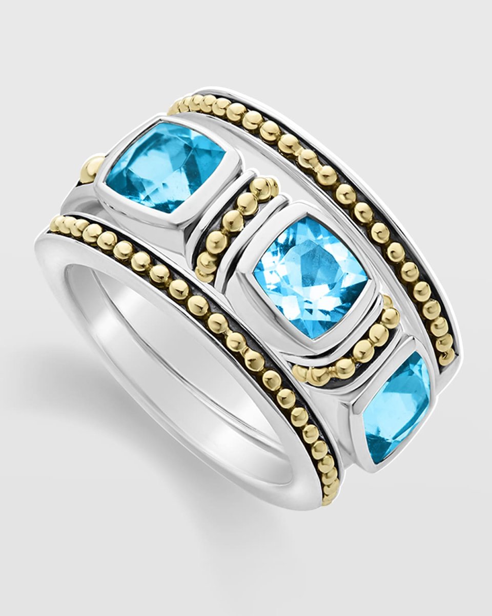 Rittenhouse Blue Topaz Triple 6mm Cushion-Set Ring