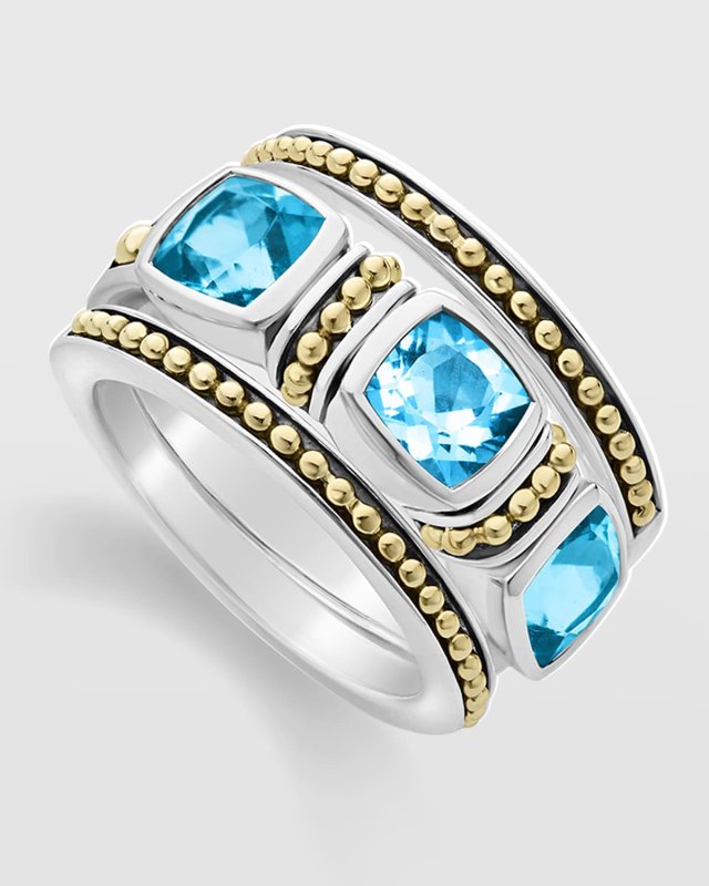 Rittenhouse Blue Topaz Triple 6mm Cushion-Set Ring