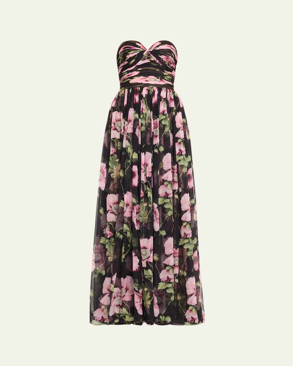 Strapless Poppies Print Chiffon Gown