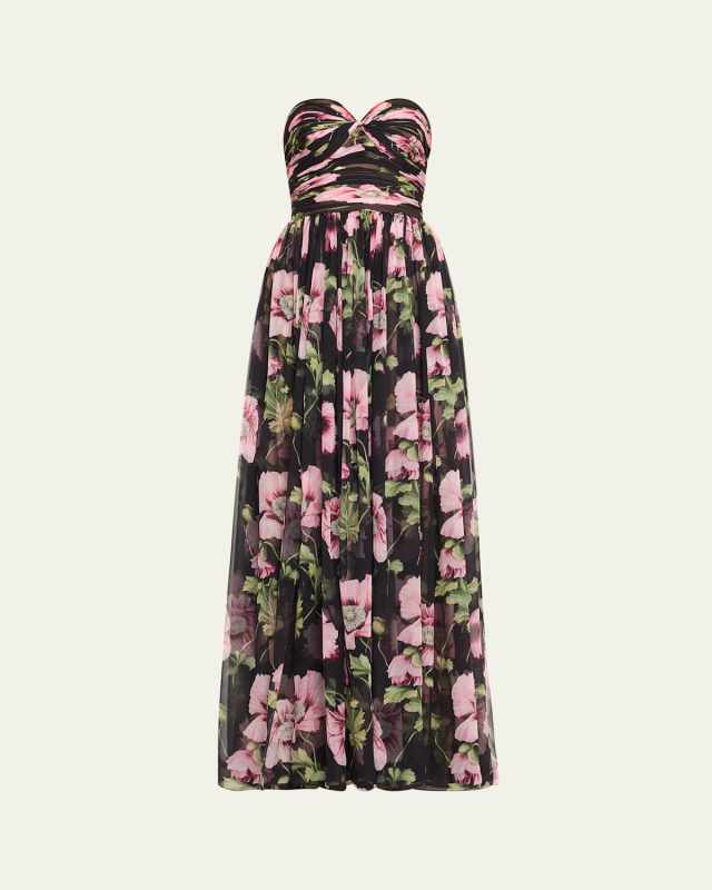 Strapless Poppies Print Chiffon Gown
