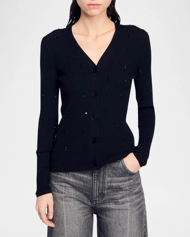 Gabrielle Embellished Rib-Knit Cardigan