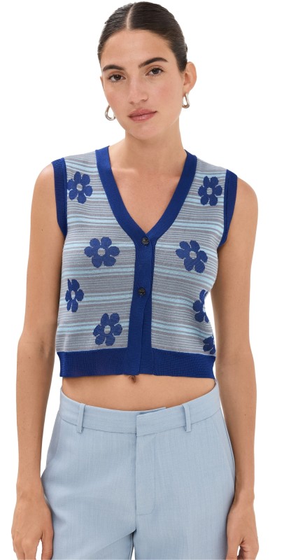 Marni Striped Flowers Top Mazarine Blue