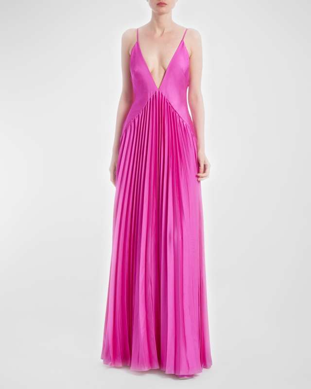 Pleated Deep V-Neck Backless Gown