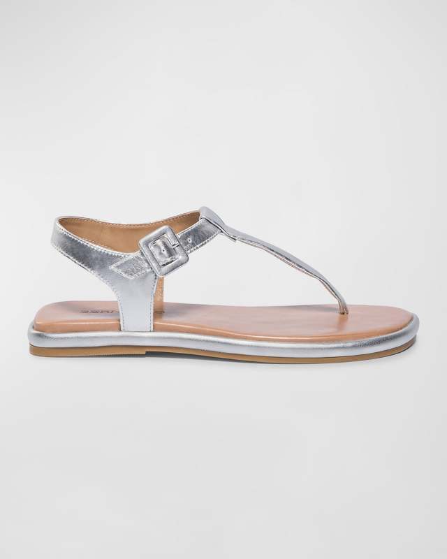 Metallic Leather Thong Ankle-Strap Sandals