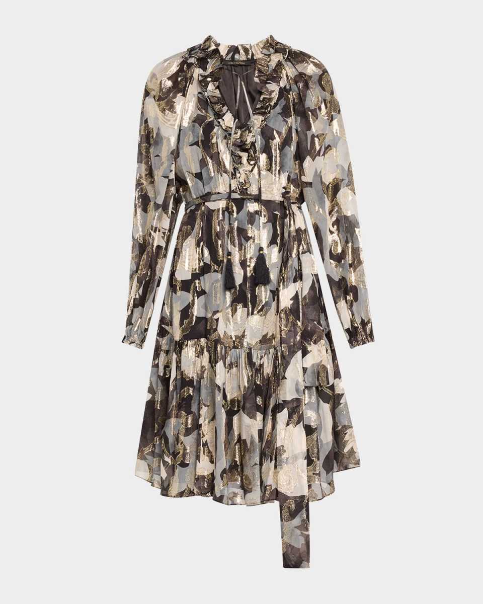 Jenson Ruffle-Trim Metallic Fil Coupe Dress