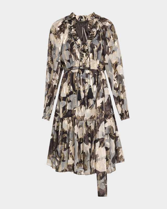 Jenson Ruffle-Trim Metallic Fil Coupe Dress