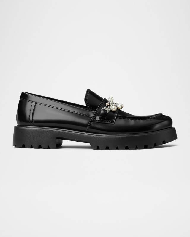 Embellished Medallion Leather Lug-Sole Loafers