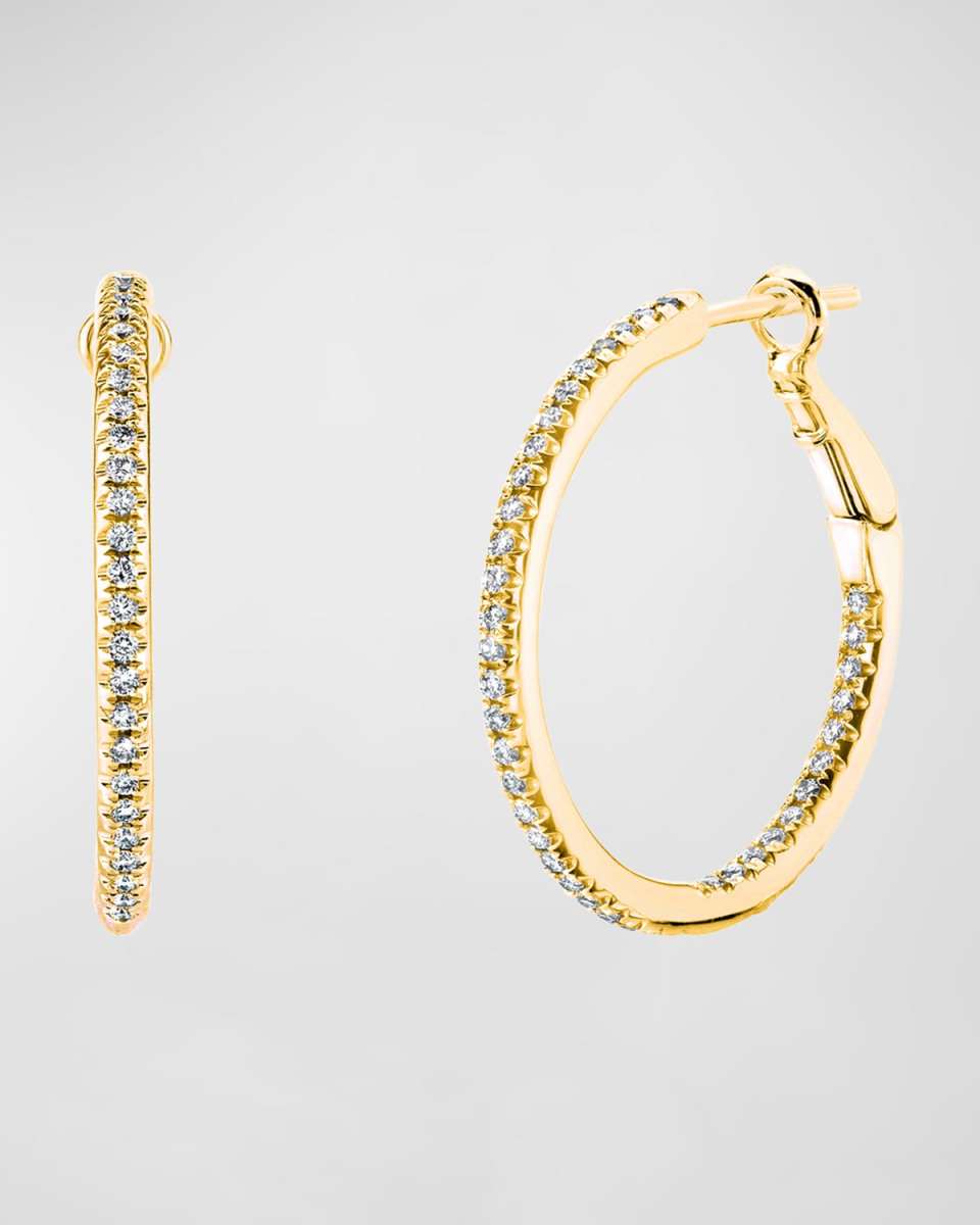 18K Gold Round Diamond Hoop Earrings, 0.5tcw/0.75"L