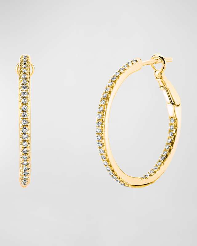 18K Gold Round Diamond Hoop Earrings, 0.5tcw/0.75"L