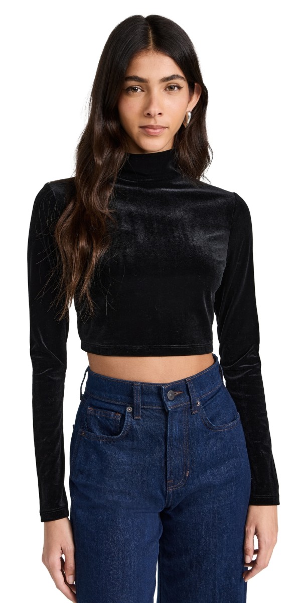Susanaonaco Stretch Velvet Cropock Long Sleeve Top Black
