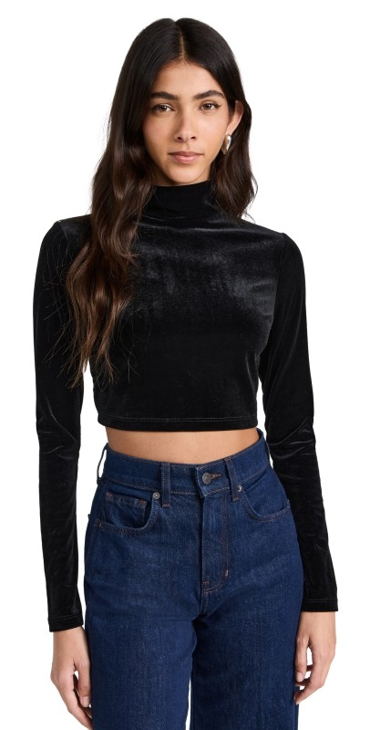 Susanaonaco Stretch Velvet Cropock Long Sleeve Top Black