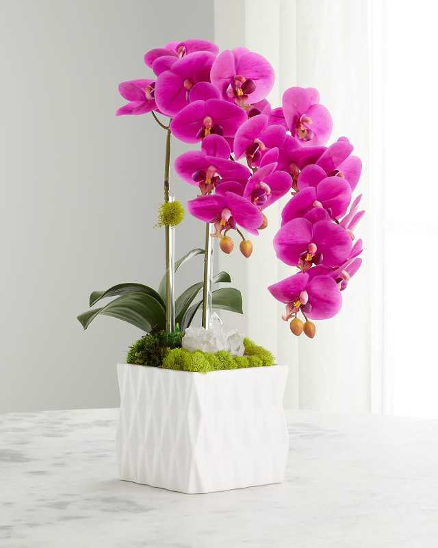 Double Orchid Quartz Faux Floral Arrangement in White Ceramic Vase