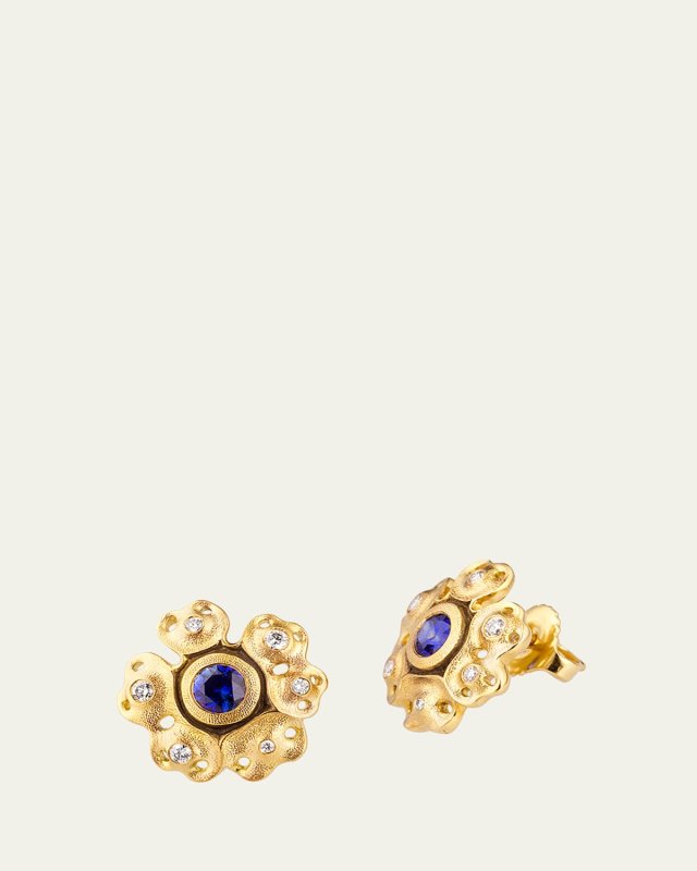 Rosette 18K Yellow Gold Stud Earrings with Sapphire and Diamonds