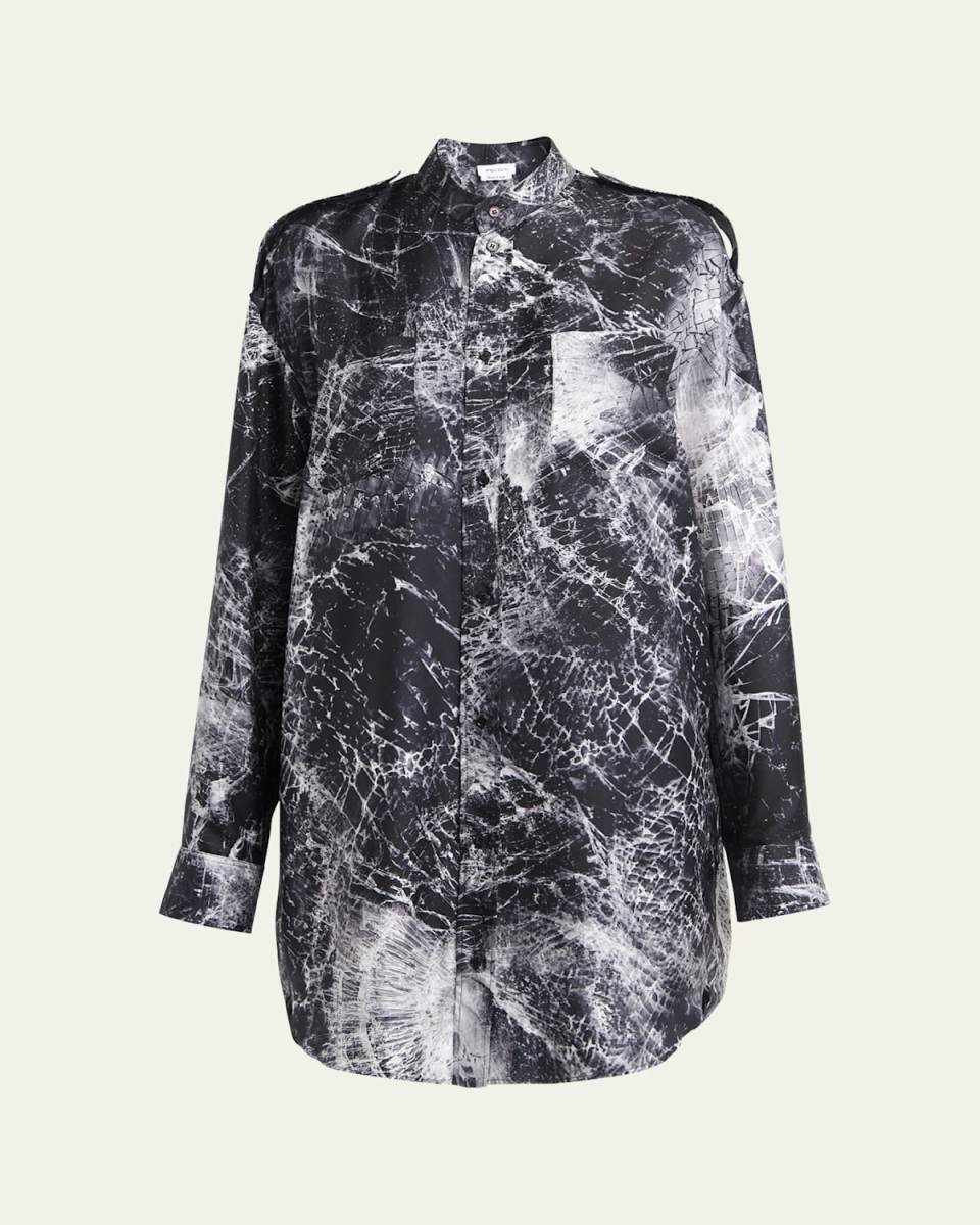 Smashed Screen Print Button Down Shirting Mini Dress