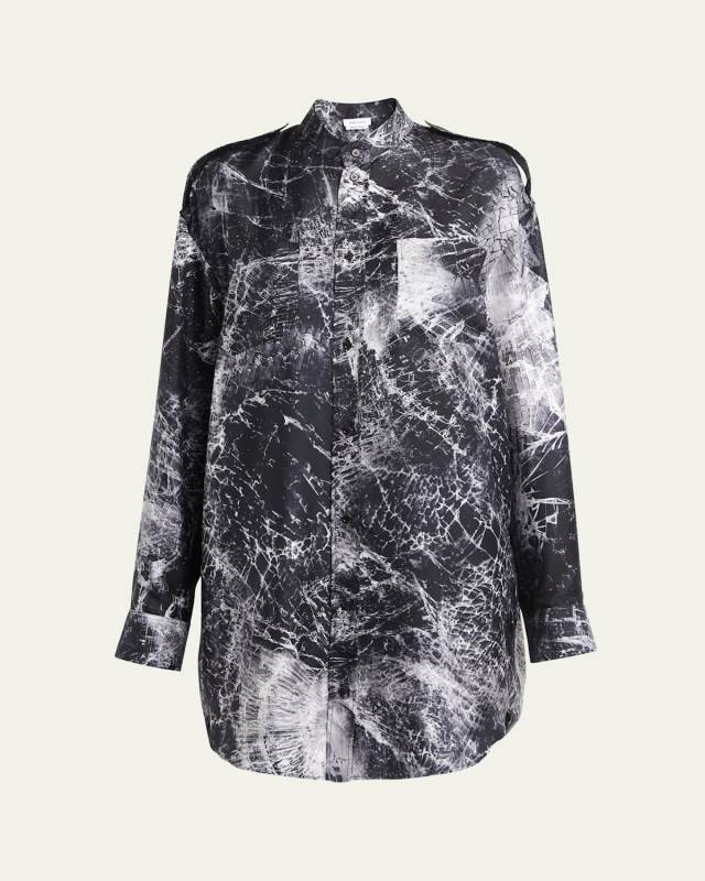 Smashed Screen Print Button Down Shirting Mini Dress