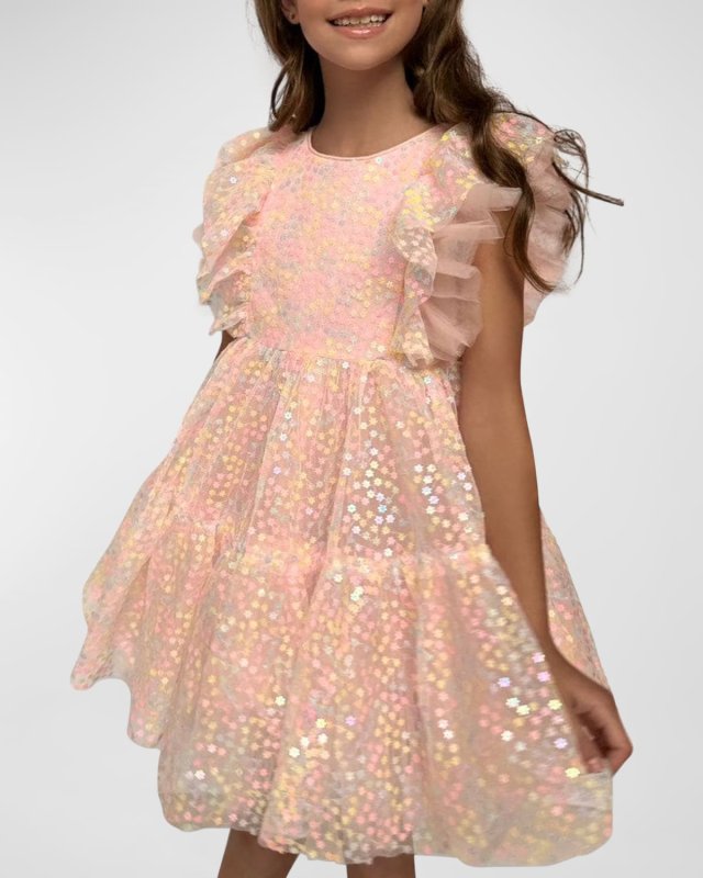 Girl's Sequin Daisy Ruffle Tulle Dress, Size 2-1