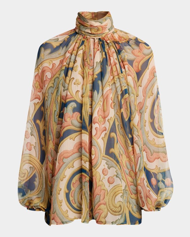 Abstract Floral Silk Chiffon High-Neck Blouse